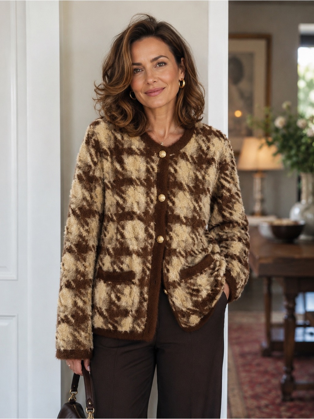 J.McLaughlin Inez Cozy Brown Houndstooth Fuzzy Jacket - Women's